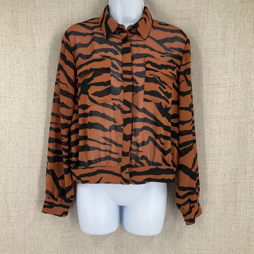 AllSaints Blouse Womens Small Brown Tiger Print Sheer Grunge Designer Bold Edgy